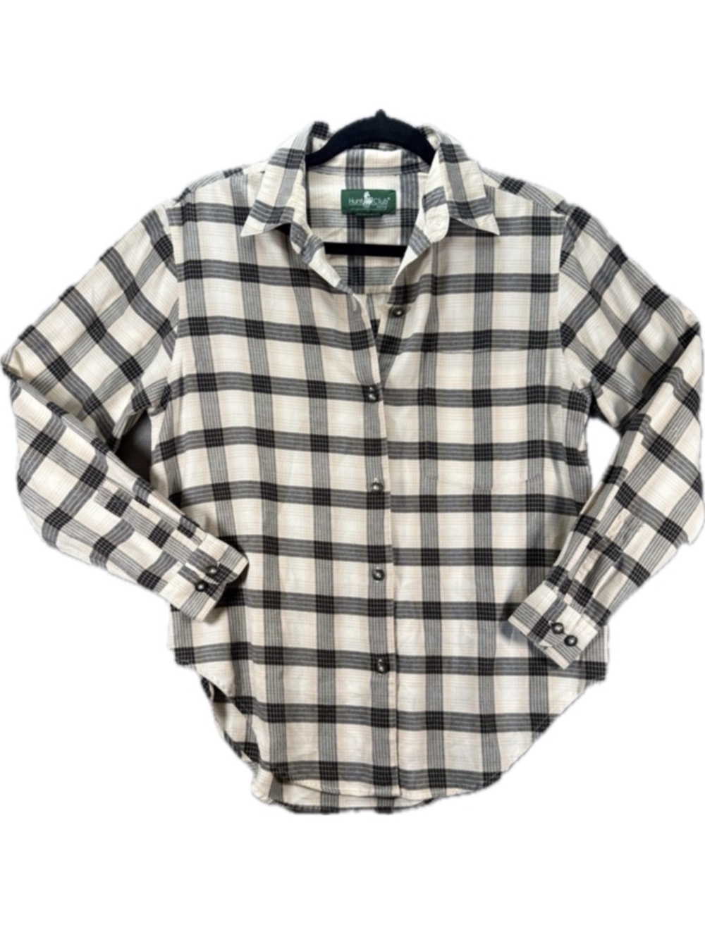 Hunt Club Petite Women’s SP Plaid Cotton Button Down Shirt Cream Black